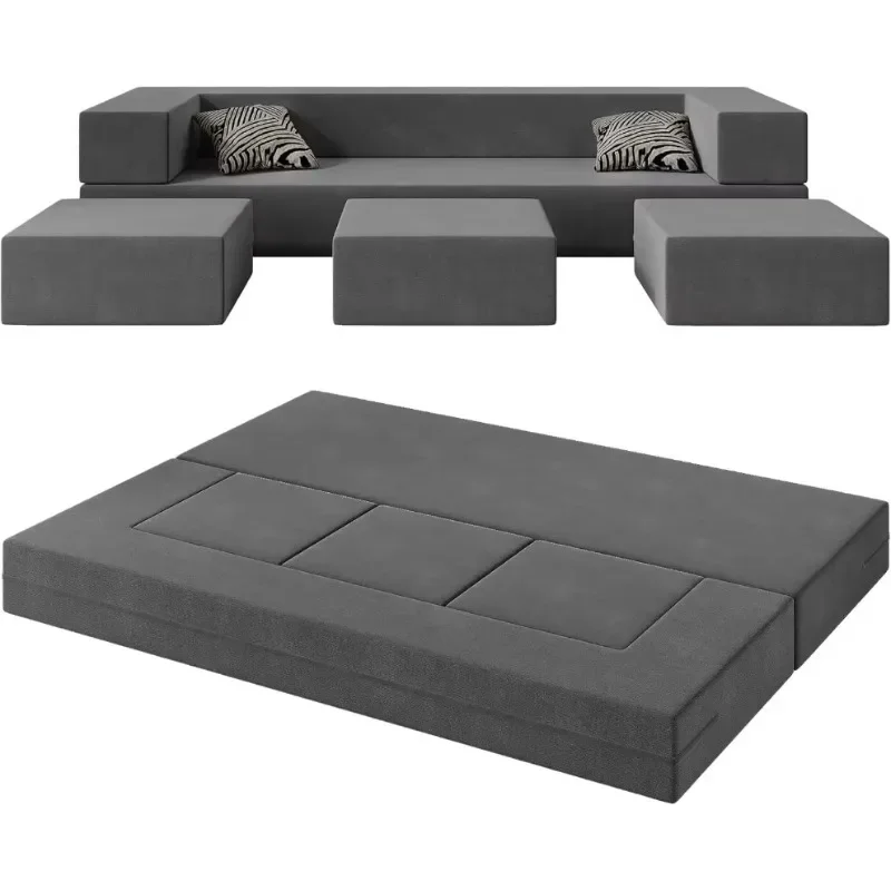 Folding Bed Couch, 80''W Floor Foam Sofa with 3Ottomans& Washable Velvet Cover, Queen,Deep Grey