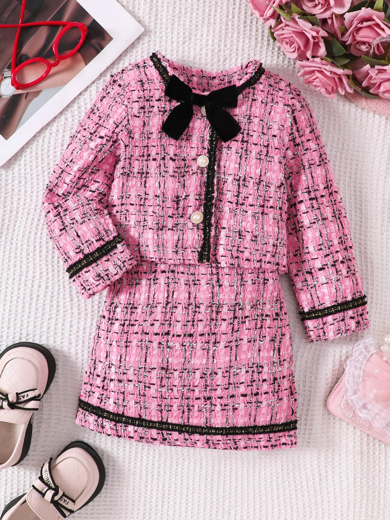 Girls Autumn And Winter New Style Small Fragrance Fashion Set, Coarse Tweed Bow Jacket+Half Skirt Two-Piece Set