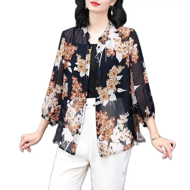 BirdTree, 100%Real Silk Elegant Shirt, Women Long Sleeve Floral Printed, Retro Fashion Oversize Blouse, 2024 Summer New T45208QC