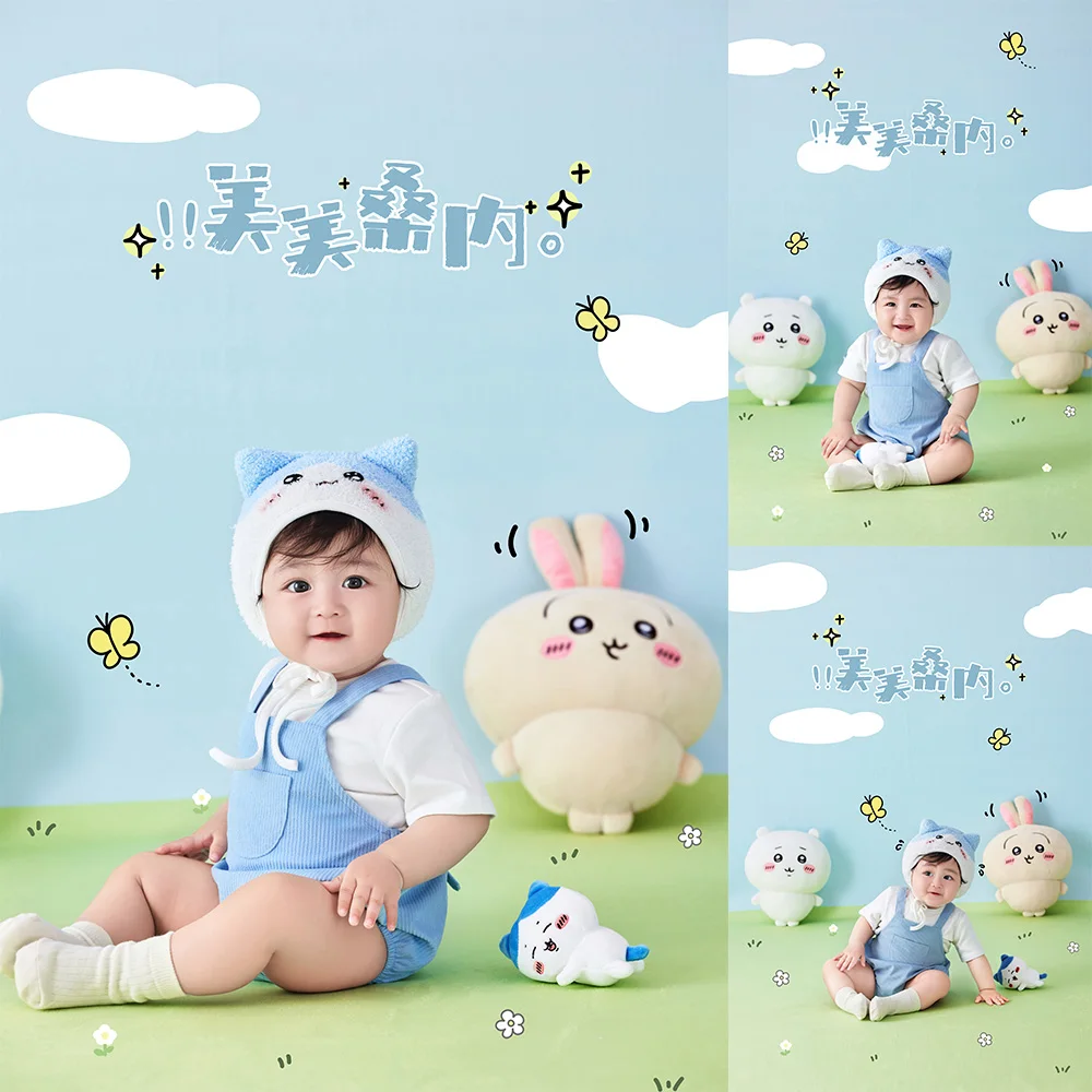 

100 Days Baby Theme Photography Props Cute Blue Cat Costume Cartoon White Bear&bunny Doll Decor Photo Studio Professional Props