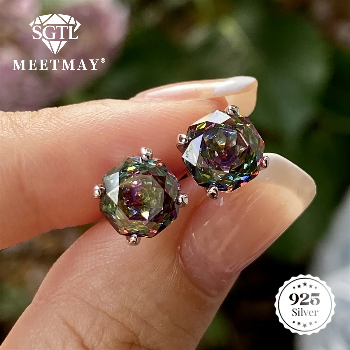 Bocarman Rose Cut Ohrstecker aus S925 Silber mit Paraiba Farbverlauf Zirkonia, Hypoallergener Glamouröser Schmuck für Sie – Detail 5