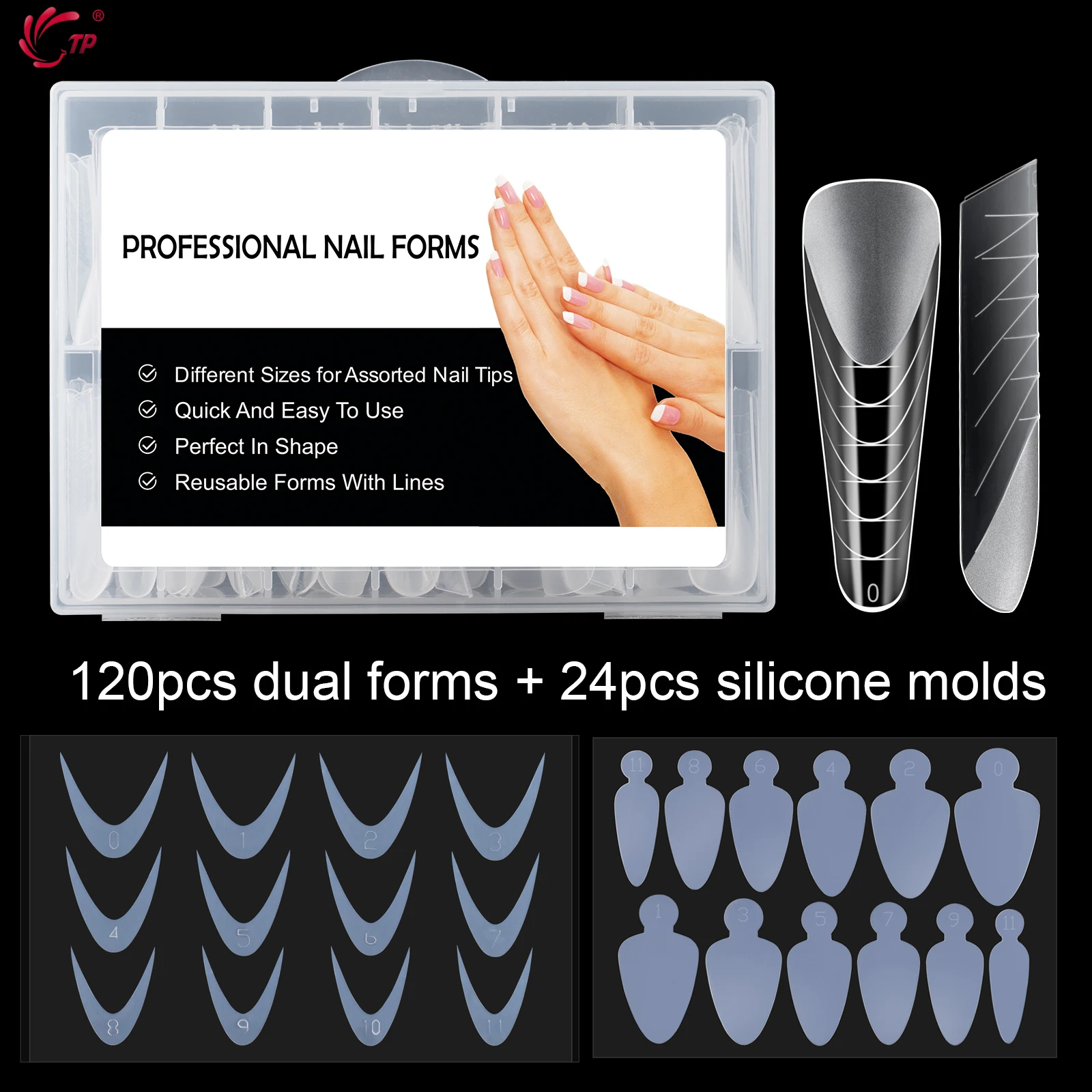 

TP 120pcs Dual Form Nail False Tips Quick Building Gel Mold Set with 24pcs Silicone Molds Nail Extension Forms Top Mold Stiletto