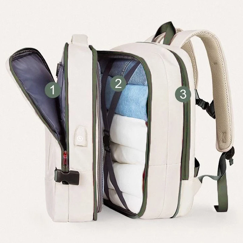Beige Travel Backpack with 180° Opening USB Charging Port Multi Compartment Organizer for Classified Storage Luggage Supplies