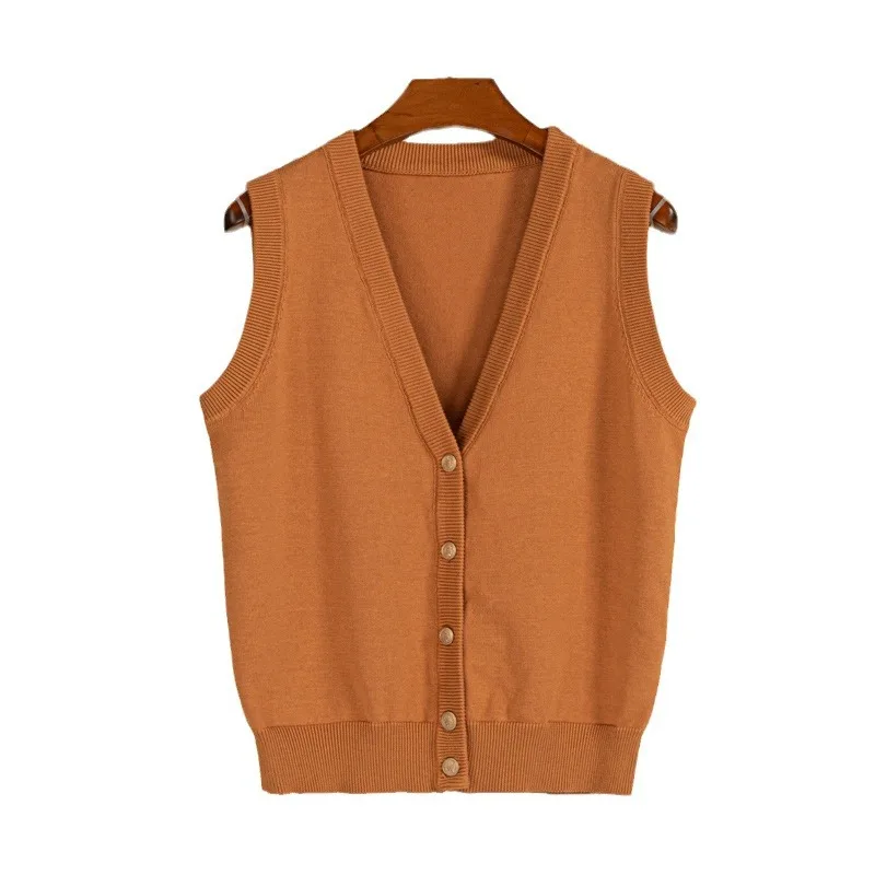 Cotton V-neck Solid Color Knitted Waistcoat Female Fold Wear Autumn And Winter New single-breasted Loose Outside With Sleeveless