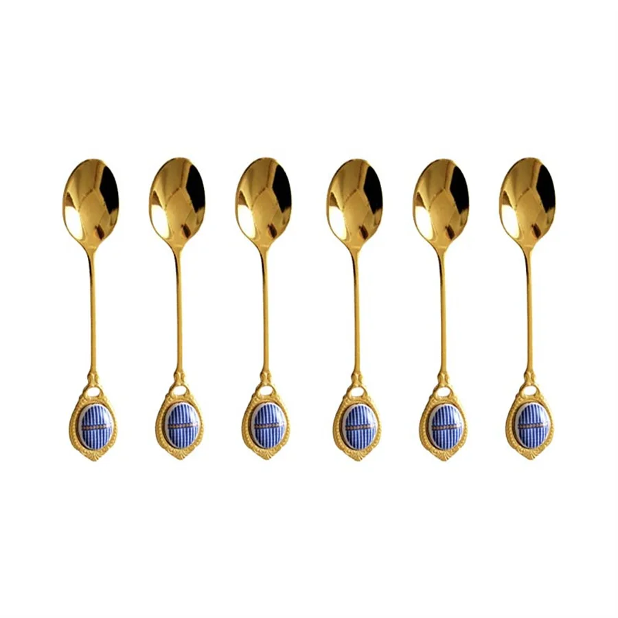 6pcs/set Creative Embossed Gold Plated Coffee Stirring Spoon Palace Style Dessert Afternoon Tea Small Spoon