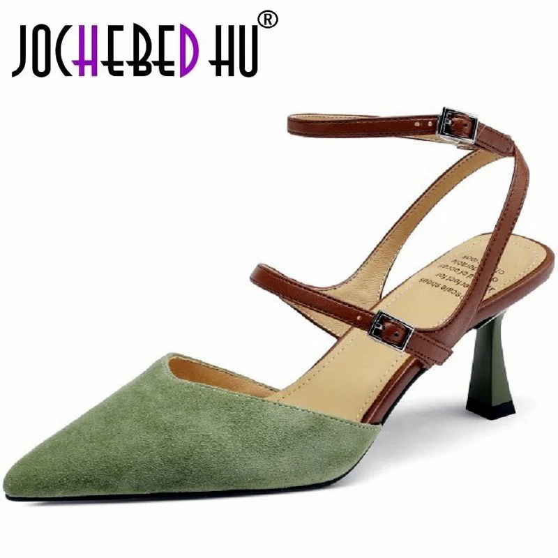 

【JOCHEBED HU】2024 New Brand Mixed Colors Genuine Leather Ladies Slingbacks Sandals Woman Summer Buckle Thin High Heels Shoes 42