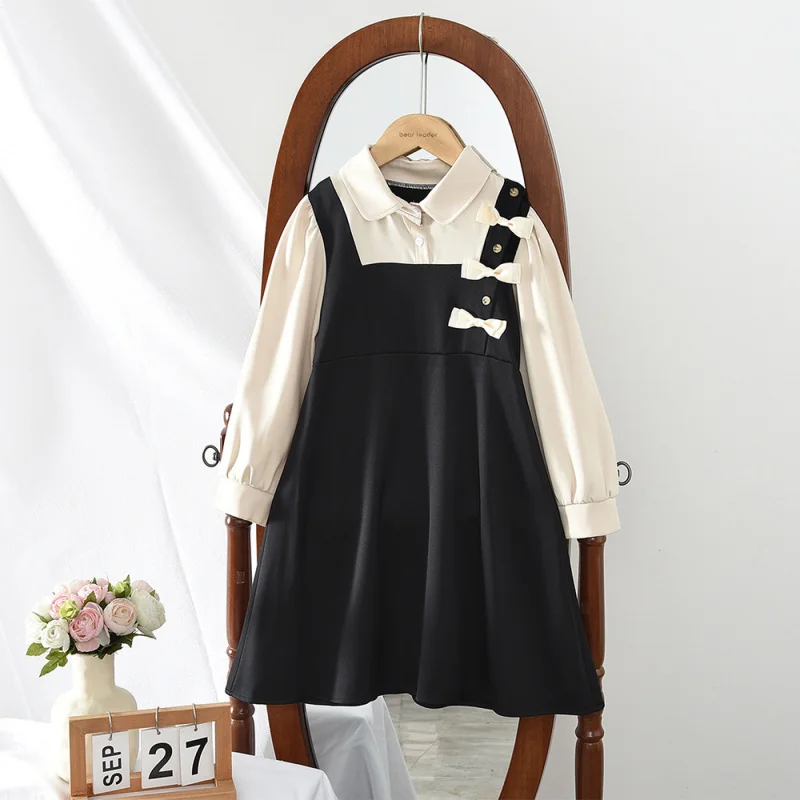 

Girls' Dress Autumn New Fashionable Internet Celebrity Big Kids Fake Two-Piece Mid-Length Dress Girl's College Style Dress