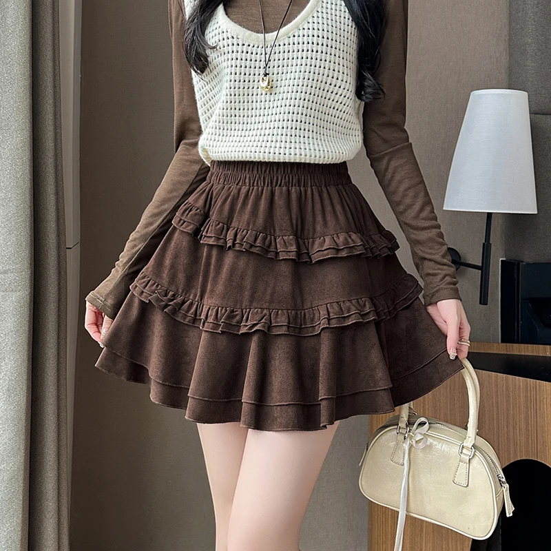 

Seoulish Autumn Winter Velvet Ruffles Women's Cake Skirts 2025 New High Waist Korean Loose Pleated A-line Short Skirts Female