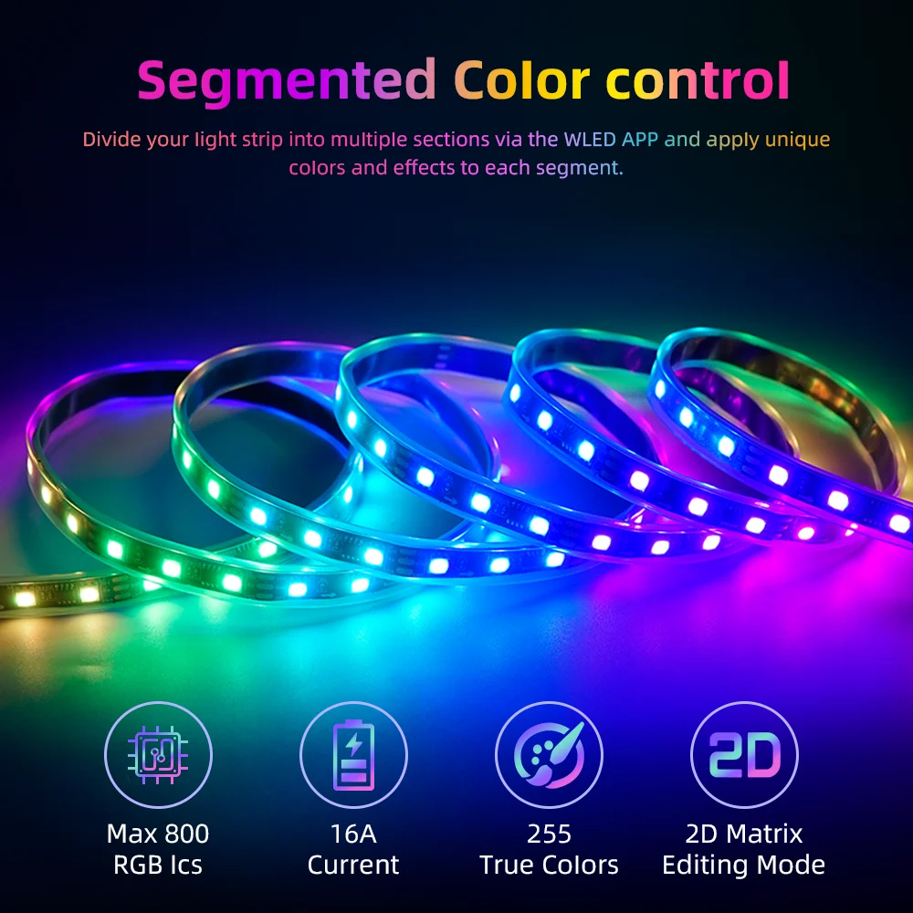 DOMRAEM WLED ESP32 LED-Streifen-Controller mit Musik-Mikrofon, USB-C, 5 V, Plug-Play, 2 Ausgänge, 16 A, max. Heimassistent WS2811, WS2812B, SK6812