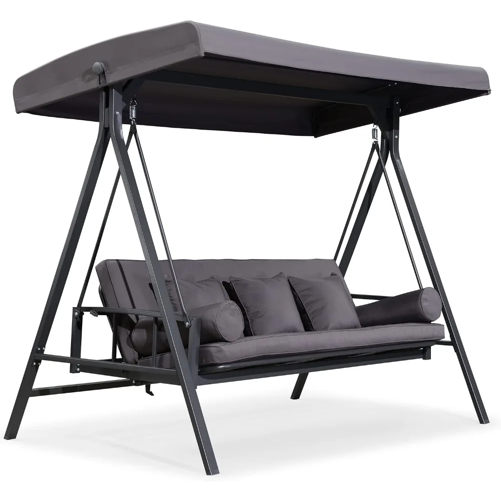

Outdoor Patio Porch Swing Adjustable Backrest, 3-seat Swing Chair with Weather Resistant Steel Frame for Backyard Front Porch L