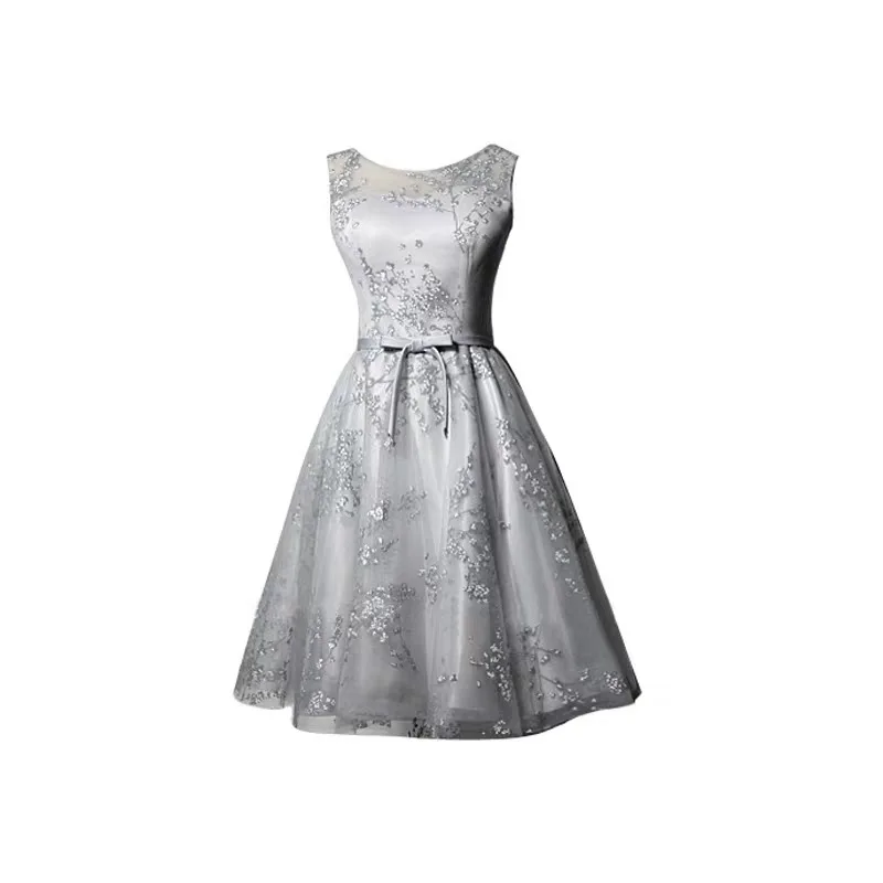 F2108 Fashion Gray Prom Dresses Graduation Formal Robe Girl Birthday Backless Illusion Lace Up Wedding Party Dress Tulle