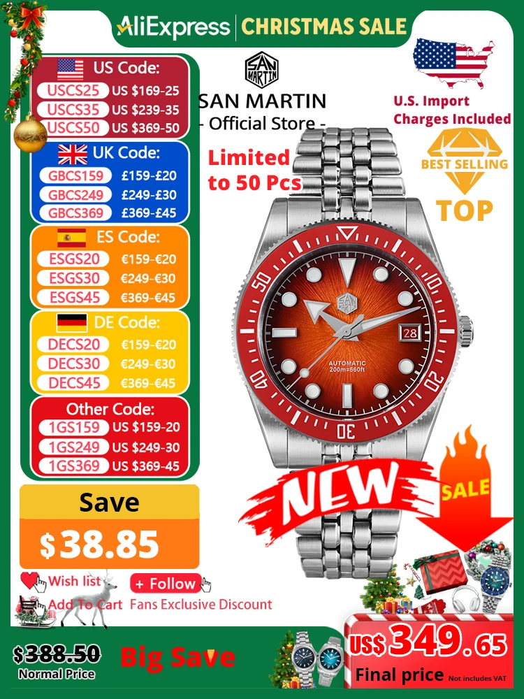 

San Martin 37.5-40mm Limited Edition Red JianZhan Enamel Sunburst Dial Men's Diver Watch Miyota 9015 Automatic Mechanical SN0148