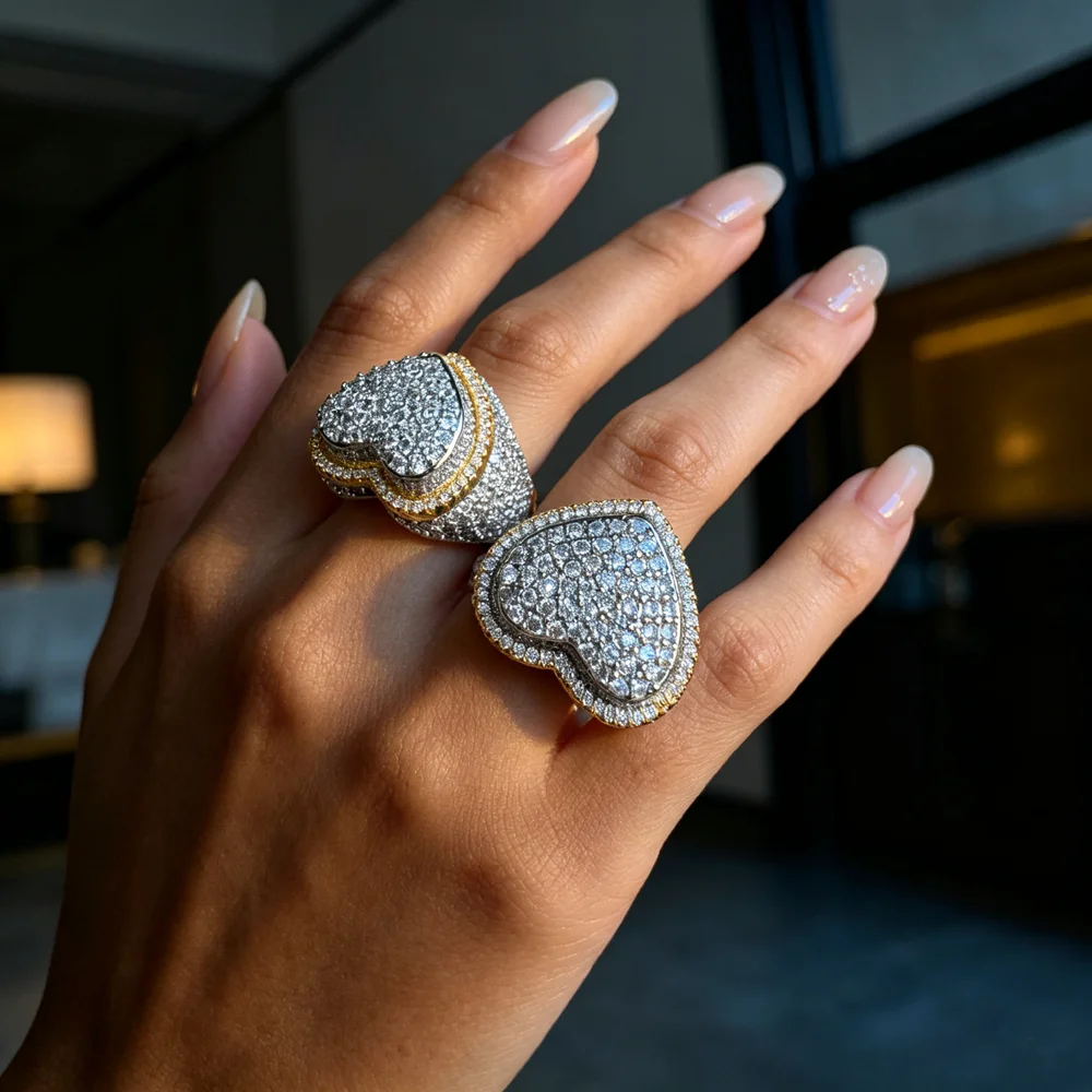 Two Tone Color Full Micro Paved Bling 5A Cubic Zirconia Iced Out Eternity Band Ring for Women Engagement Big Heart Ring Jewelry