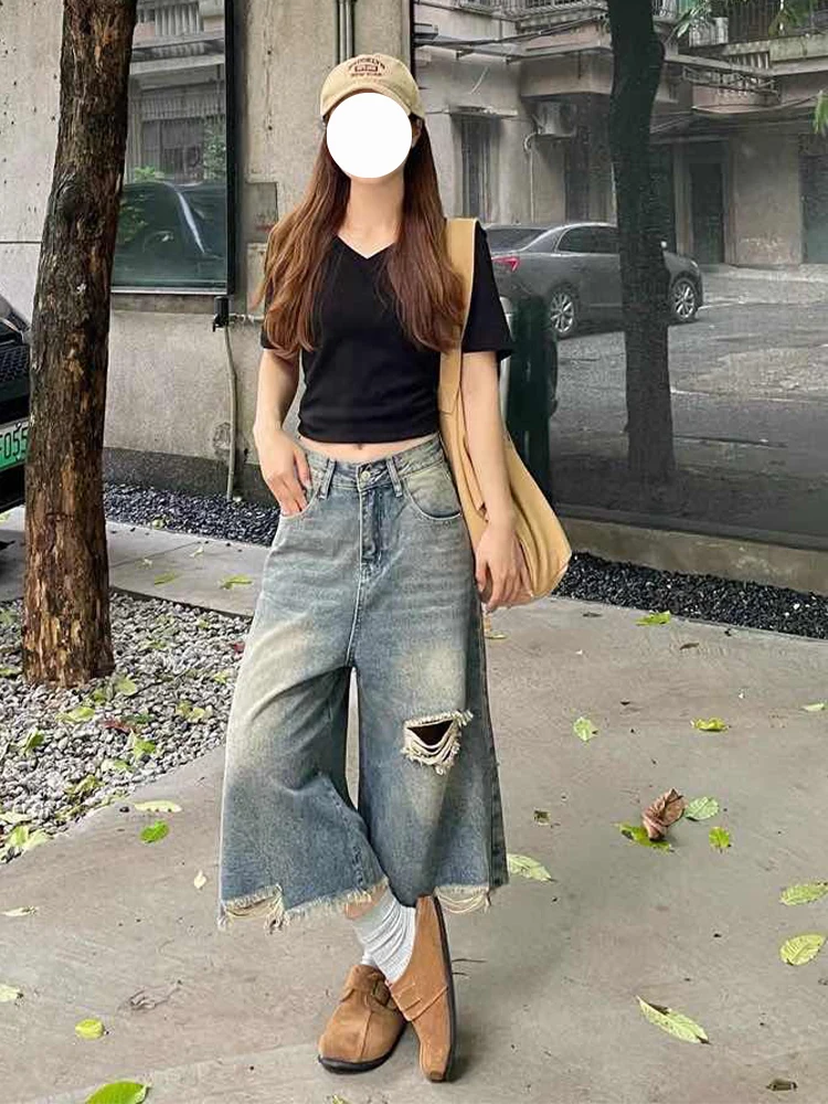 plus Size Vintage ort Jeans Women Loose Fit High Waist Distred Denim orts Autumn Winter Waed Wide Leg Straight Cut P...