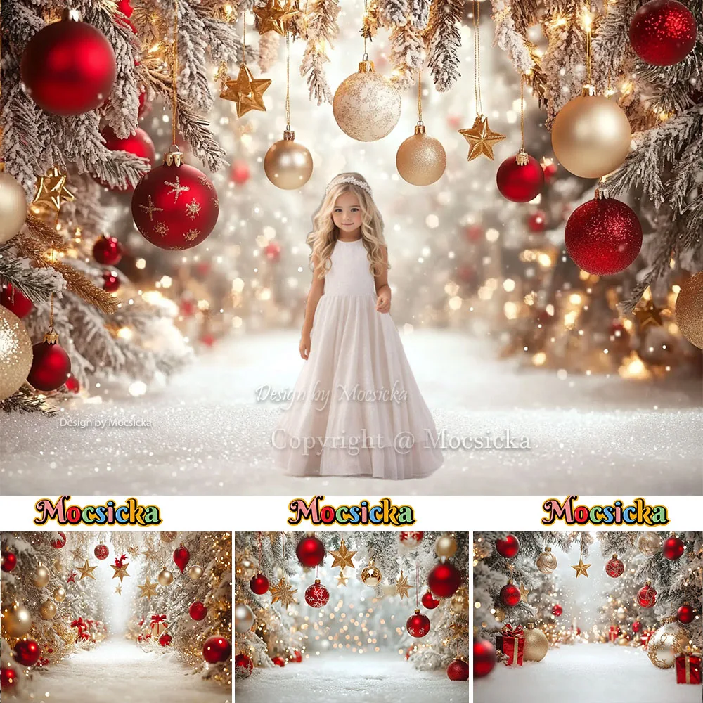 Mocsicka Christmas Wonderland Forest Background Photography Gold Red Xmas Balls Snowflake Backdrop Winter Kids Birthday Photo