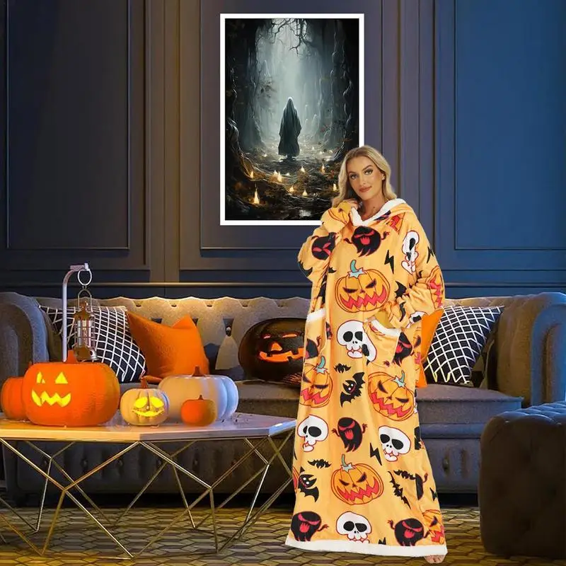 

Pumpkin Blanket Hoodie Pumpkin Oversized Hooded Blanket With Sleeves Long Flannel Blanket Warm Cozy Blanket Hoodie For Men &