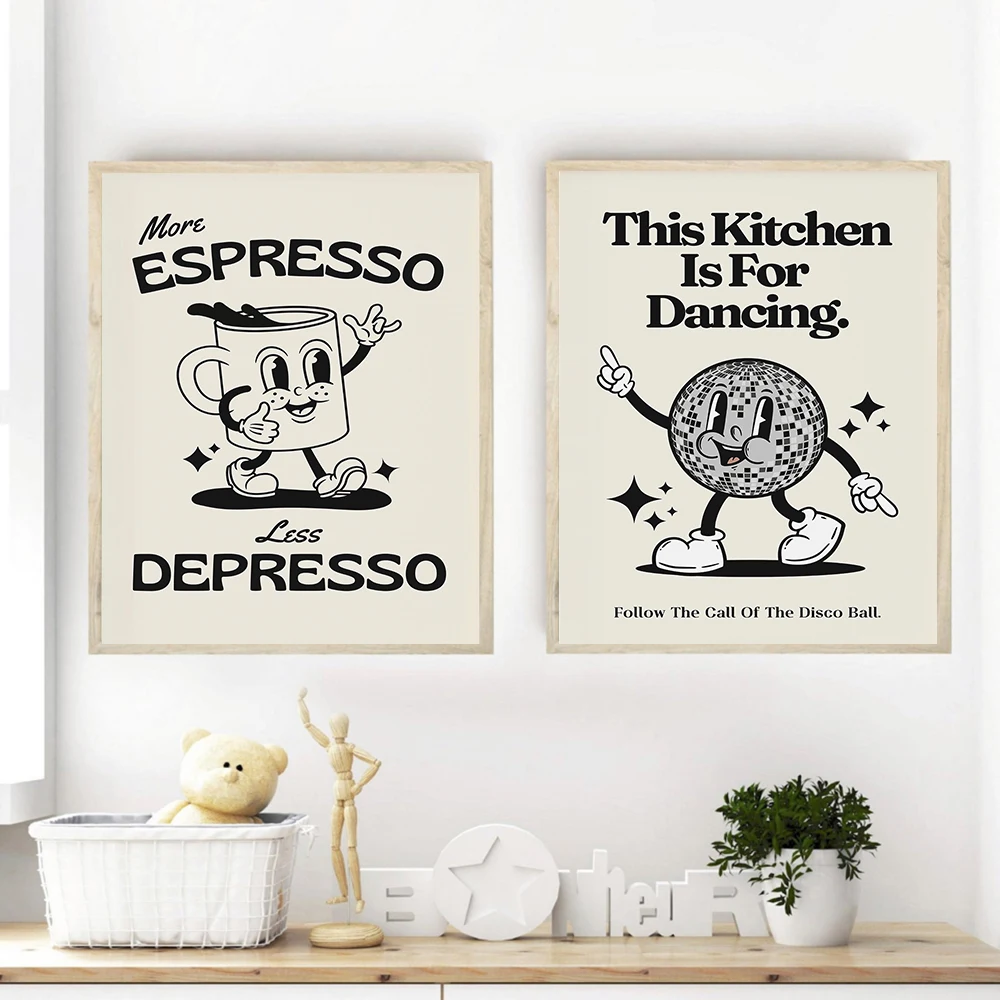 Retro Print This Kitchen is Used for Dance Wall Art Disco Cartoon Coffee Neutral Poster Espresso Quotes Canvas Painting Decor