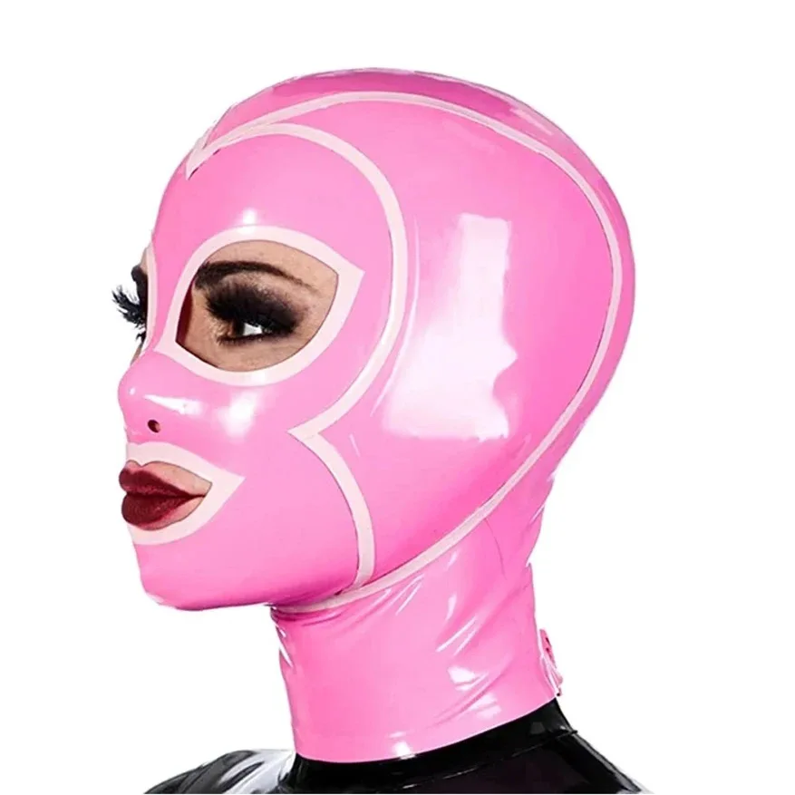 Latex Hood Mask Holiday Leila Hood Pink and White Strips Decorated Big Mouth with Zipper Party Latex Mask