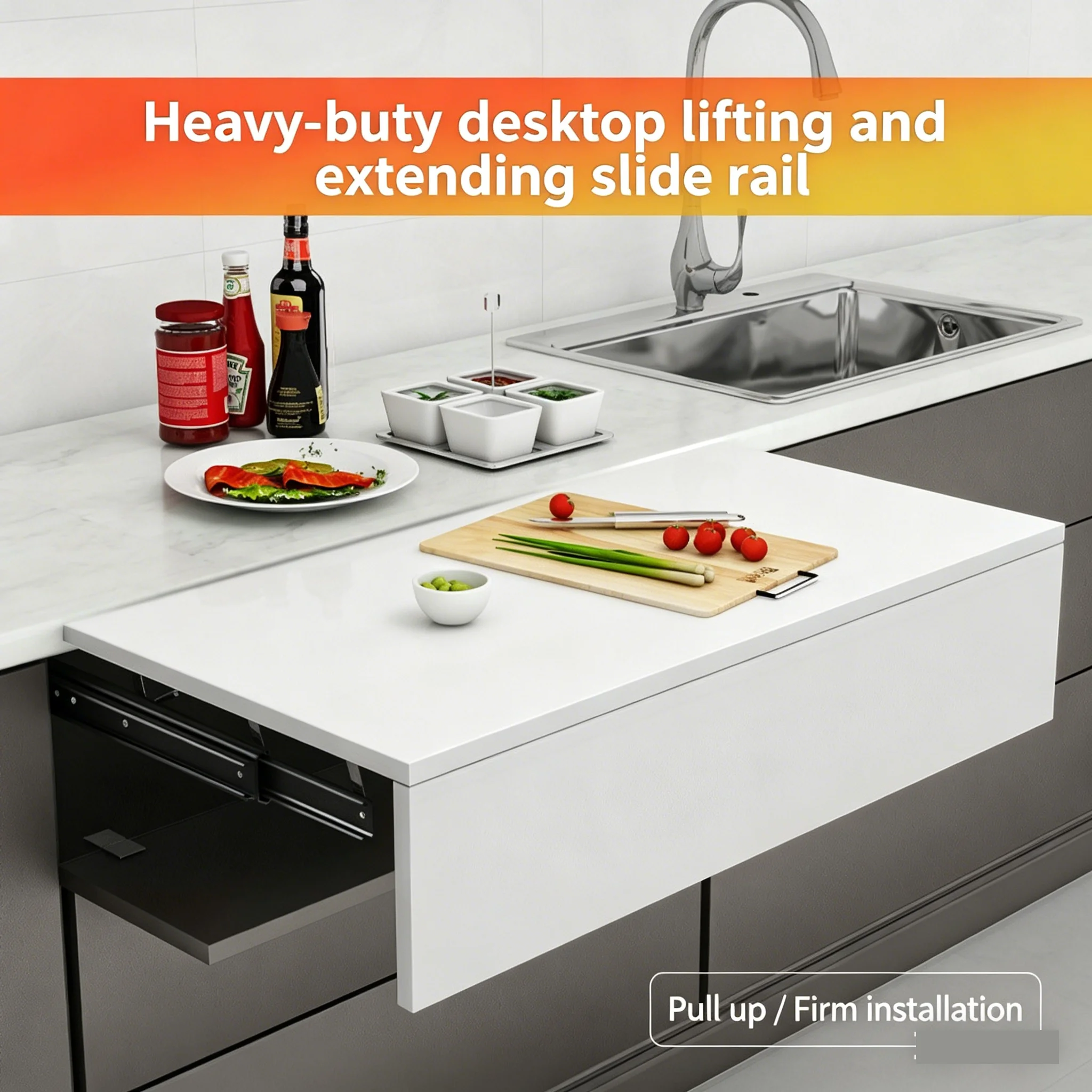Heavy Duty Concealed Extension Slide Rail Soft Close Telescopic Lifting Desk Track for Hidden Table Cabinet Hardware