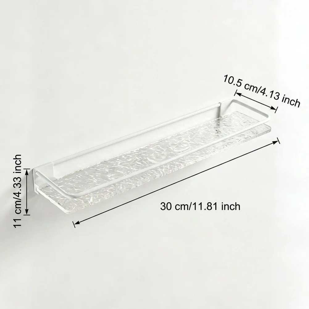 Bathroom Cosmetics Shelf with Stainless Steel Railing - 30 cm Tempered Glass Floating Tray No Drilling Space Efficient Design