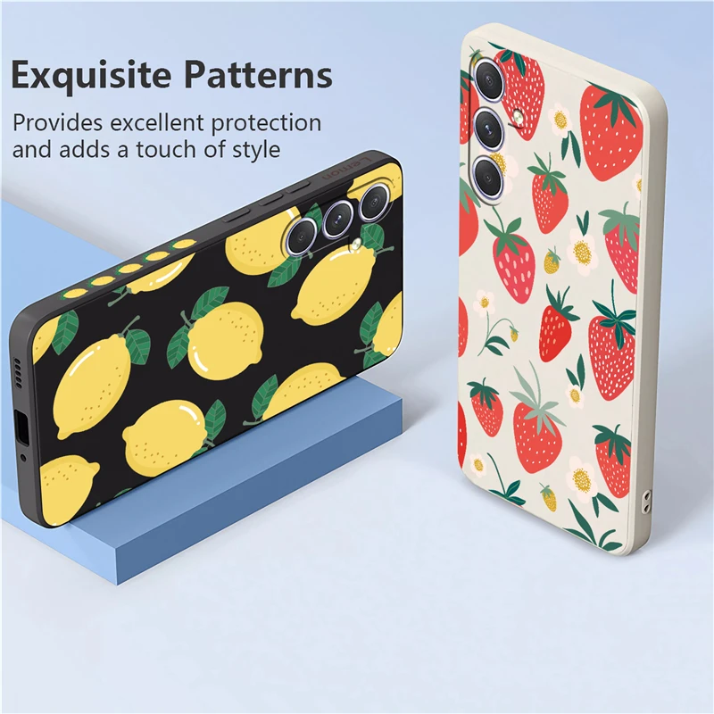 A54 5G Pattern Fruit Liquid Case For Samsung Galaxy A04E A14 A24 A13 A72 A73 A53 A52 A33 A32 A22 Lemon Silicone Cover