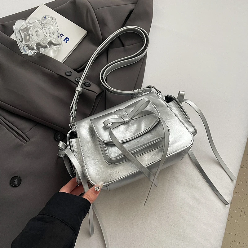 

Women Bow Aesthetic Crossbody Bag Adjustable Strap Square Underarm Bag Solid Color Fashion Satchel Bag Girls Dating Bag