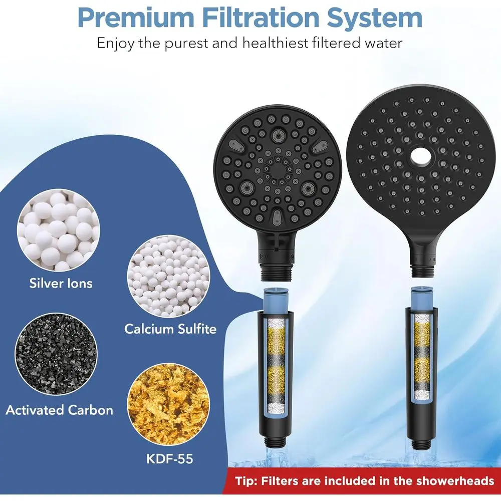 دش محمول عالي الضغط مع شريط قابل للتعديل ونظام فلتر مزدوج لإزالة الماء الصلب والكلور