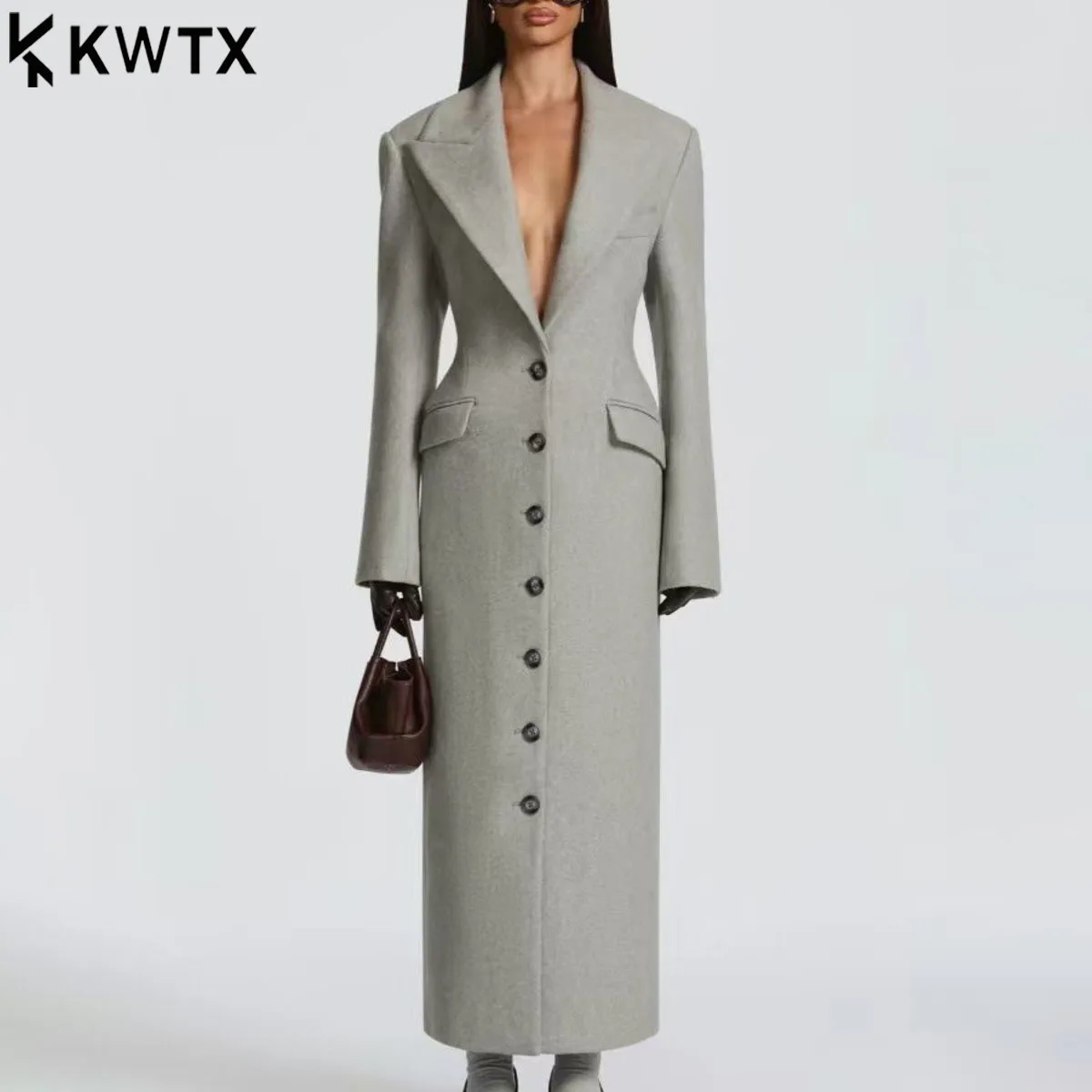 

KWTX New Women's Long Coat 100% Wool Single Breasted Belted Waist Lapel Casual Elegant Vintage Design Fall Winter 2025