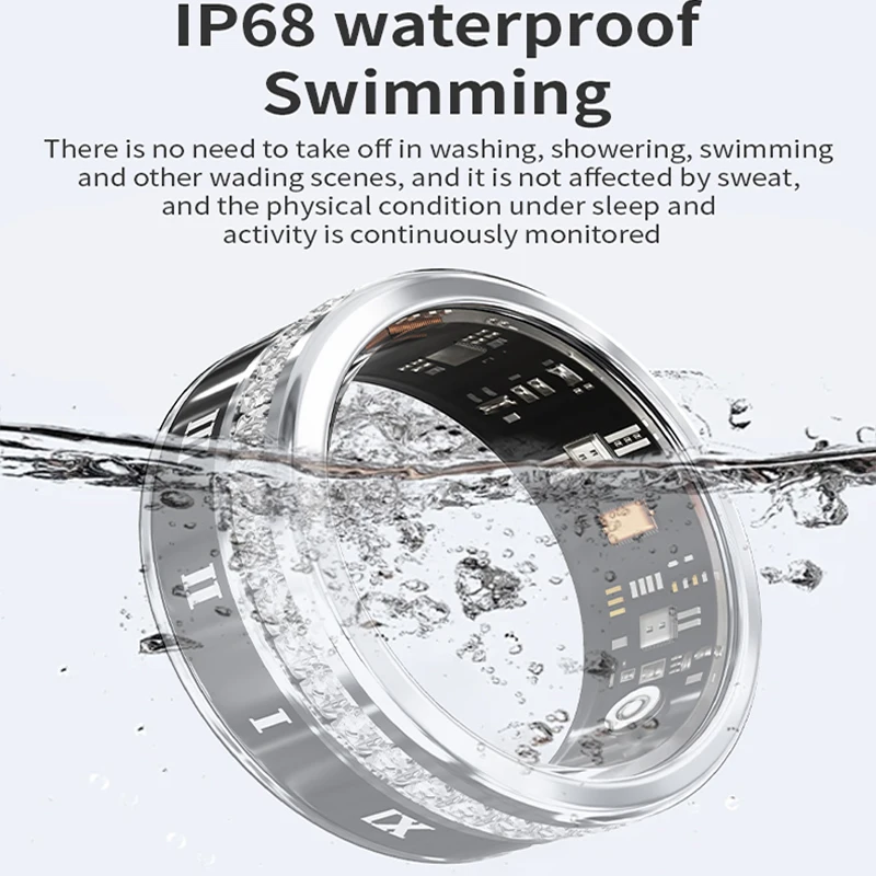 กันน้ำ IP68 แหวนนิ้วผู้ชายผู้หญิงสมาร์ทริงอัตราการเต้นของหัวใจเลือดออกซิเจนความดันโลหิตสุขภาพการตรวจสอบการนอนหลับฟิตเนสติดตาม
