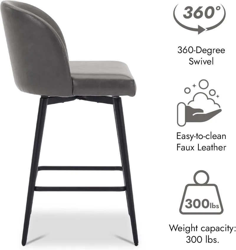 Barkrukken op tegenhoogte, set van 2 360 °   Draaibare gestoffeerde barkrukken met rugleuning en metalen poten 26" H zithoogte grijs