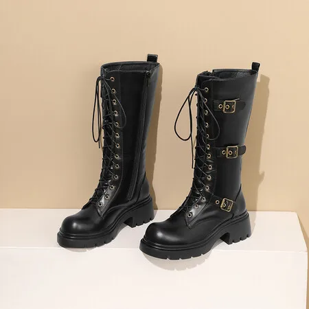 Fashion Round Toe Women Boots Lace-Up Riding Motorcycle Boots Low Heel Knee High Boots Buckle Zipper Female Botas Brown 43