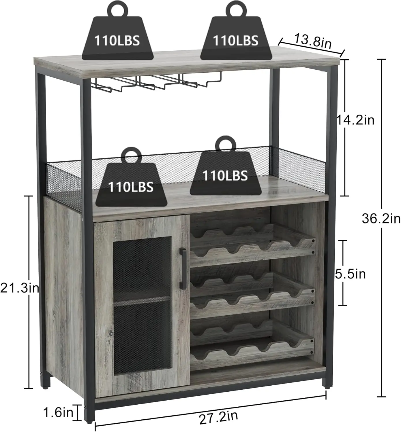 3-Tier Wijnbarkast Met Afneembaar Wijnrek En Opbergruimte, Buffetkast Met Glazen Houder En Gaasdeur, Voor Keuken