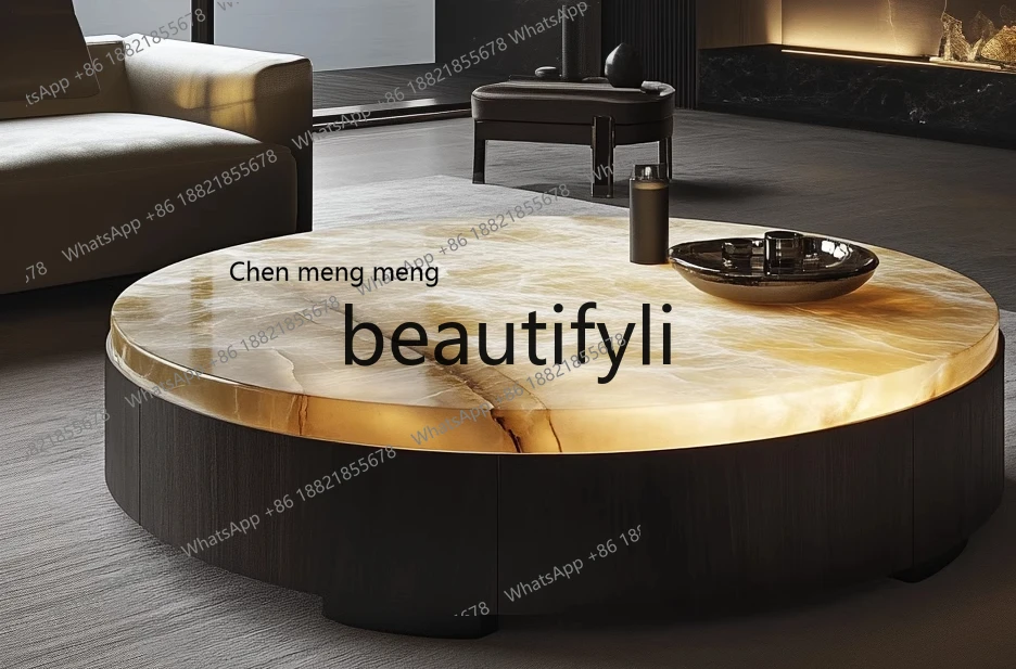 Round luminous jade coffee table light luxury modern high-end living room natural marble luxury stone minimalist, home  H