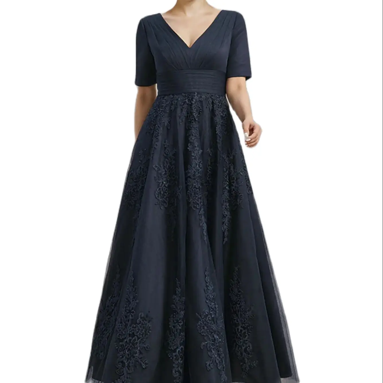 

A-Line Mother of the Bride Dress Guest Elegant Vintage V Neck Ankle Length Lace Short Sleeve with Pleats Ruched Appliques