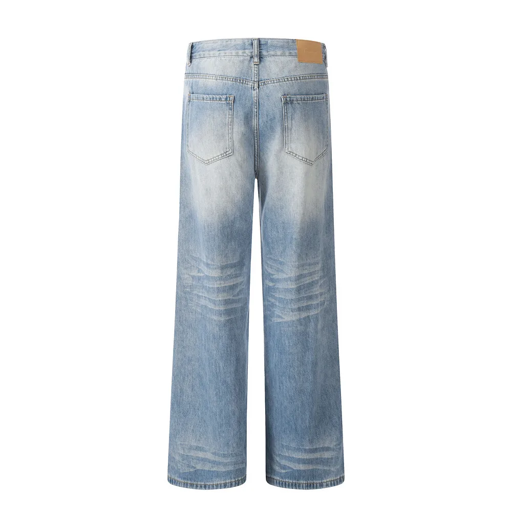High Street Denim Pants Men Retro Washed Gradient Blue Jeans Men and Women Casual Straight Wide Leg Pants Soft Jeans For Men