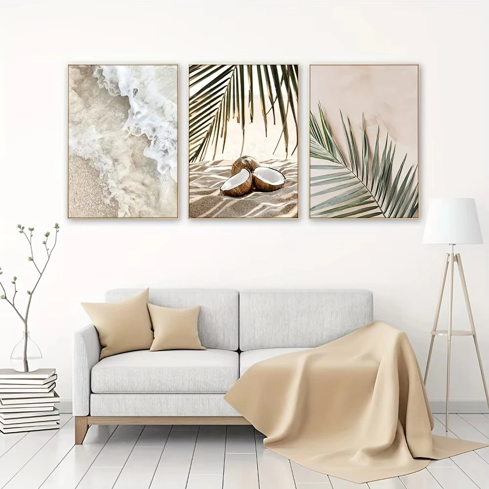 3PCS Wall Art Sea View Poster White Waves Beach Palm Leaves Coconut Canvas Painting Poster Landscape Painting Home Decoration