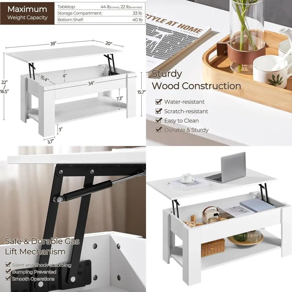 

White Coffee Table with Concealed Storage Compartment and Shelf for Living Room or Entertainment Area