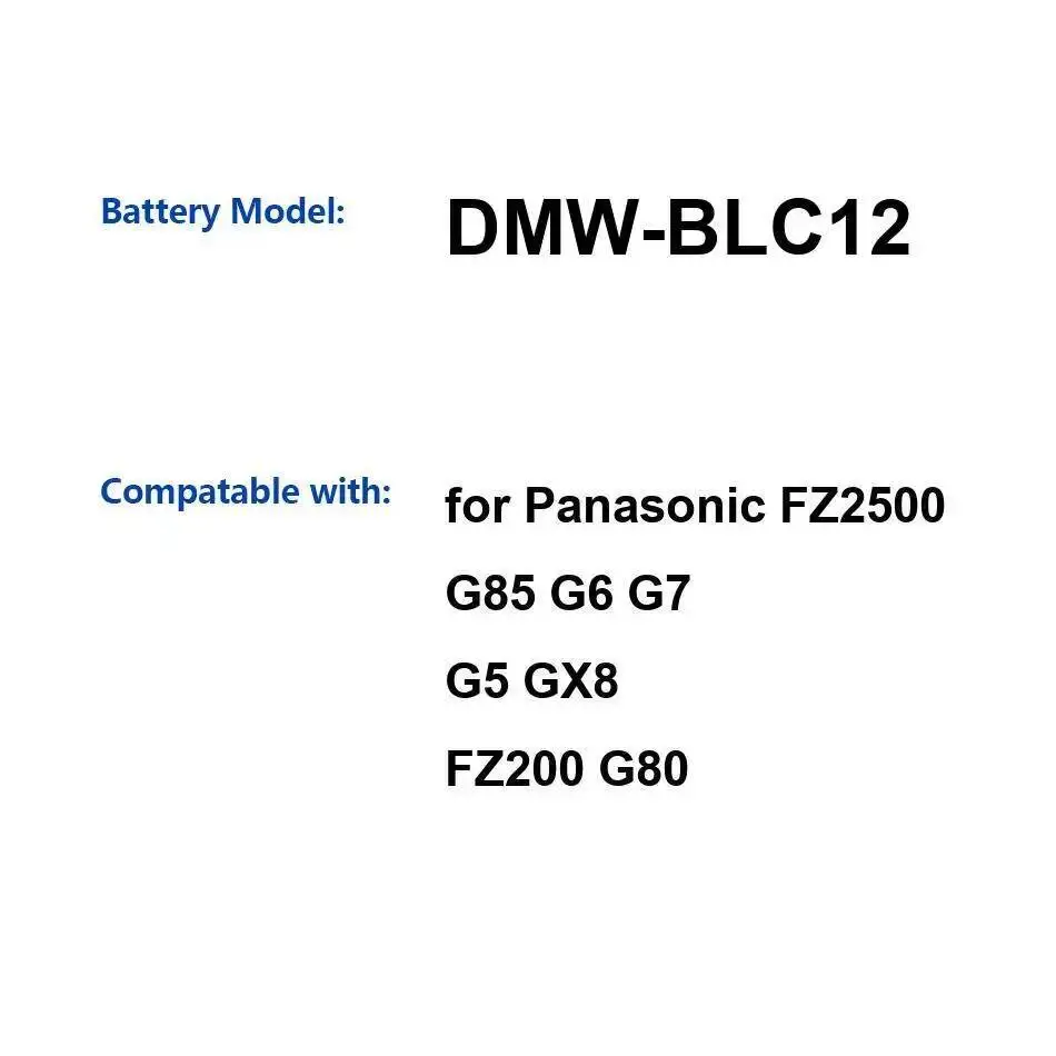 

Для Panasonic FZ2500 G85 G6 G7 G5 GX8 FZ200 G80 Dmw-BLC12 1200 мАч Высокоэффективный аккумулятор для камеры Надежная замена