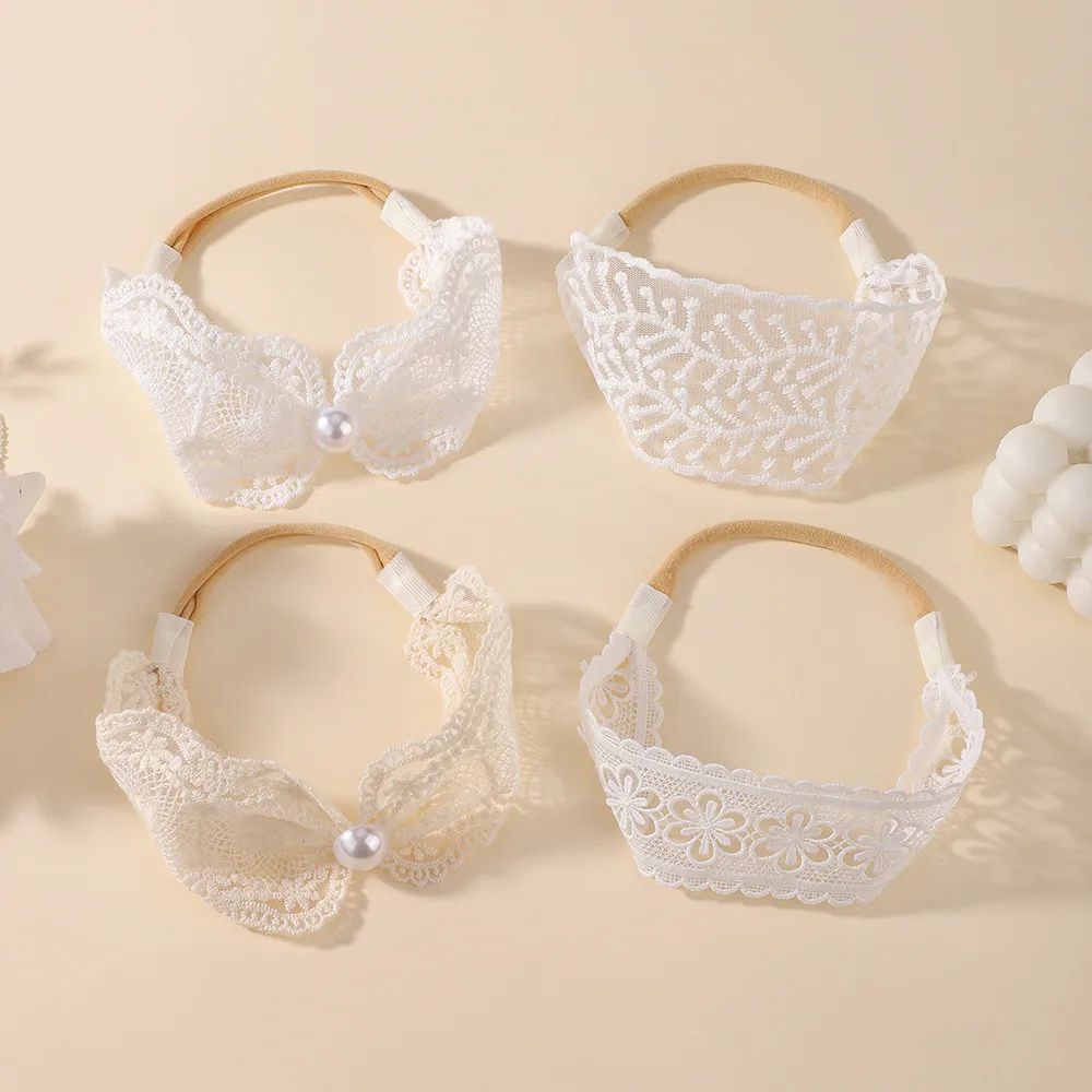 JOLLYPASS Süßes Spitzen-Stirnband mit durchbrochener Stickerei und Schleife für Babys, Nylon-Turban, elastische Haarbänder, Haarschmuck für Neugeborene – Detail 3