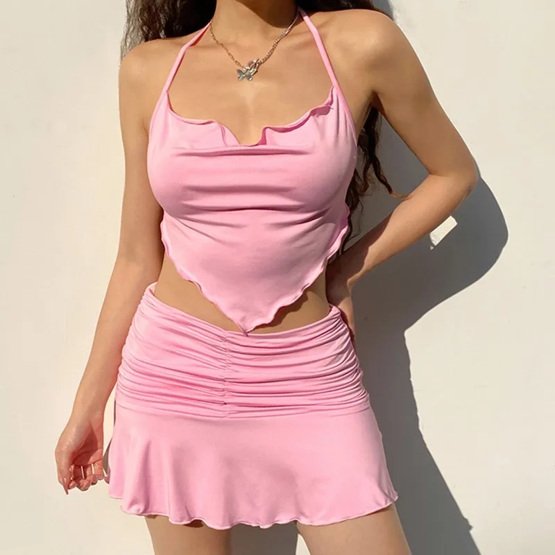 Nova gravata colheita topo verão das mulheres outfits sexy cruz halter pescoço estilingue sólido colheita topo e vintage plissado y2k mini saias 2 peças conjunto