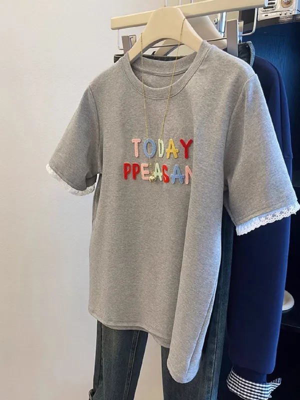 

plus Size Women's Short Sleeve T-Shirt Embroidered Letter Lace Patchwork Summer Base Shirt Casual Loose Fit Breathable Cotton