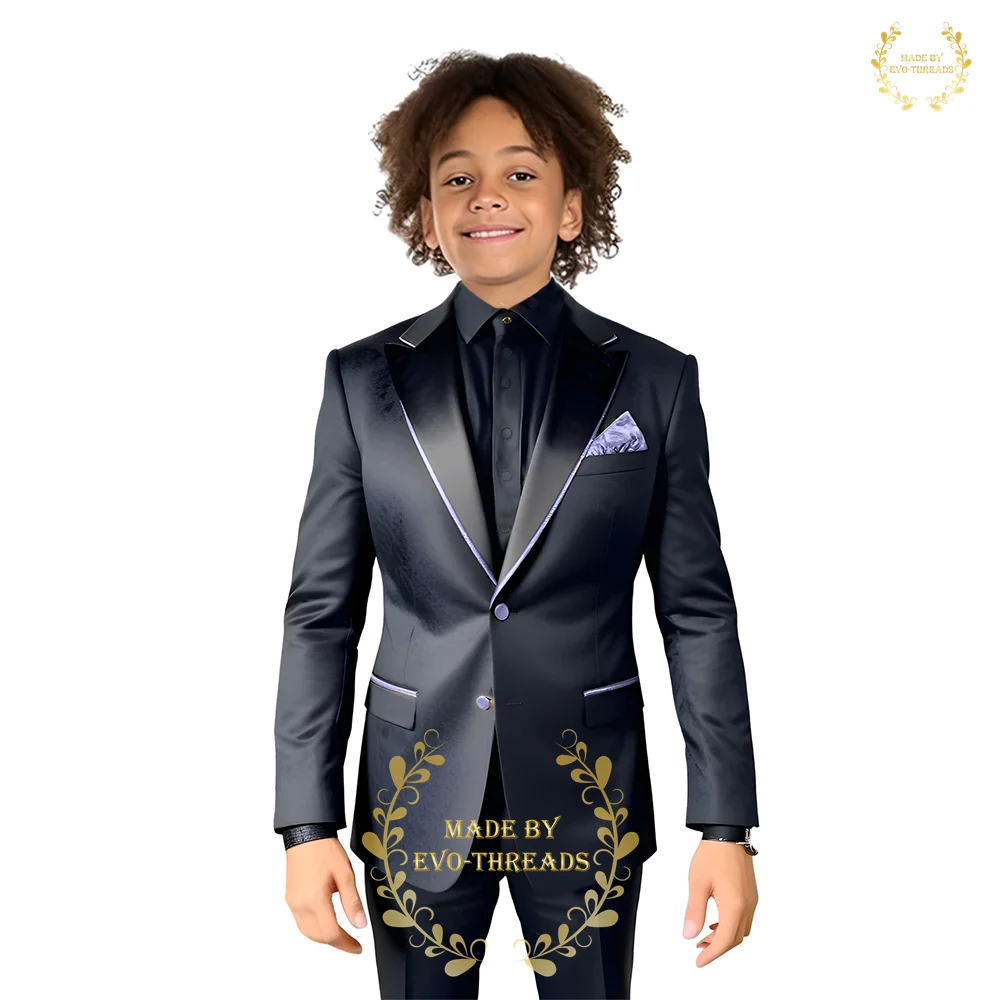 Premium Boys' Suits 2 Piece Jacket Pants Black Satin Texture With Gold Accent Attire Wedding Party Classy Formal Custom Tuxedo