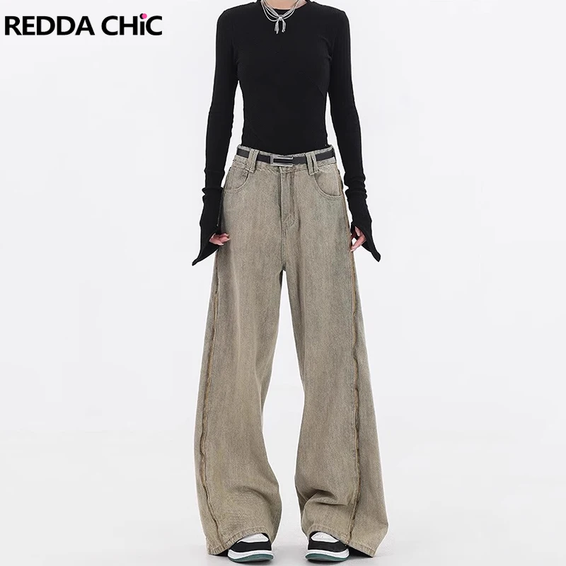 ReddaChic Zipper Stitch Women Baggy Jeans High Waist Straight Wide Leg Casual Oversize Pants Korean Y2k Trousers Vintage Clothes