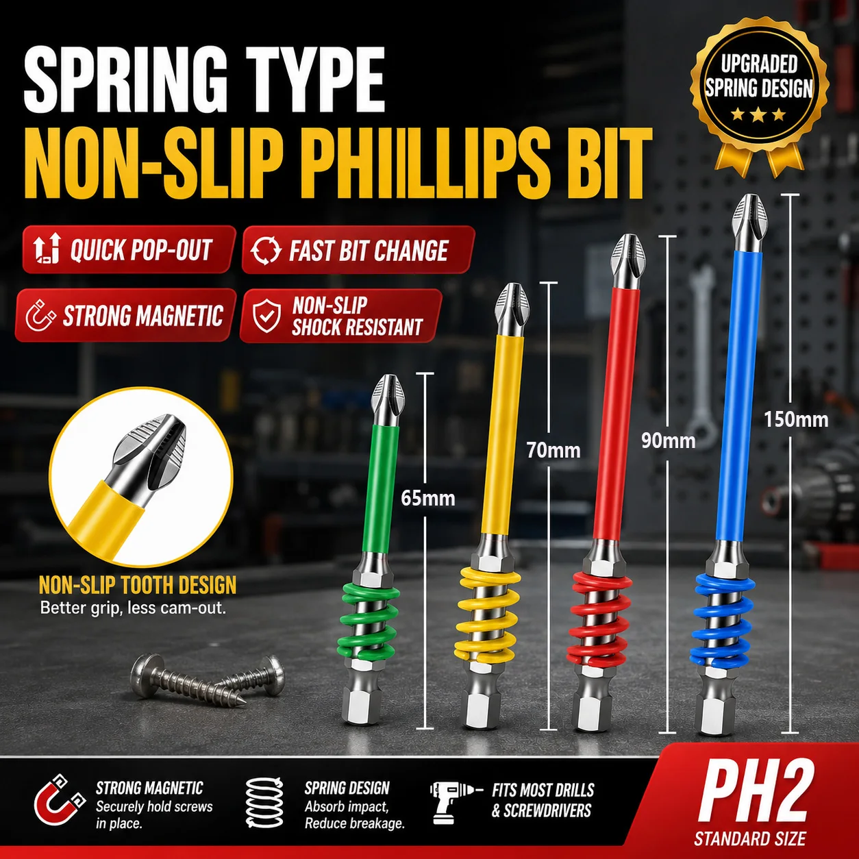 Spring Screwdriver Bits Magnetic PH2 Driver Screw Anti-slip 65/90/150mm 1/4'' Hex Shank Drill Head Electric Repair Tool