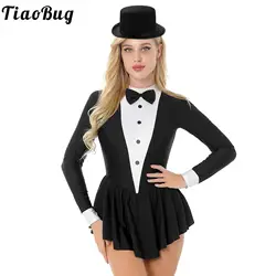 Womens Contrast Color Tuxedo Bowknot Button Long Sleeve Ruffle Dress Dancewear with Hat for Role Play Theme Party Masquerade