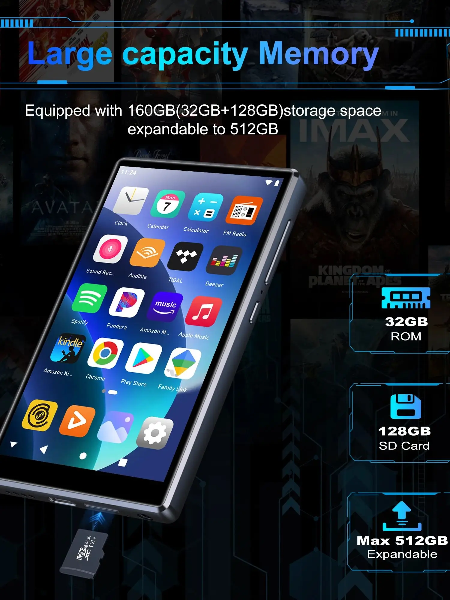 Lecteur MP3 98 Go avec Bluetooth et WiFi, lecteur MP3 et MP4 OS Android 13 5 pouces avec Spotify, lecteur de musique Pandora 1 To Noir