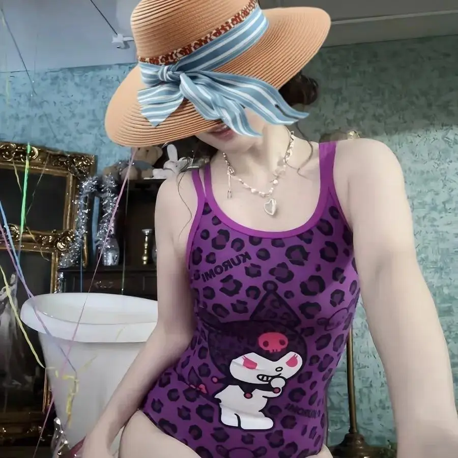 Traje de Baño de Dibujos Animados de Kuromi de Sanrio, Lindos Trajes de Baño con Estampado de Leopardo, Traje de Baño Deportivo para Mujer, Traje de Baño de Moda para Fiesta en la Piscina