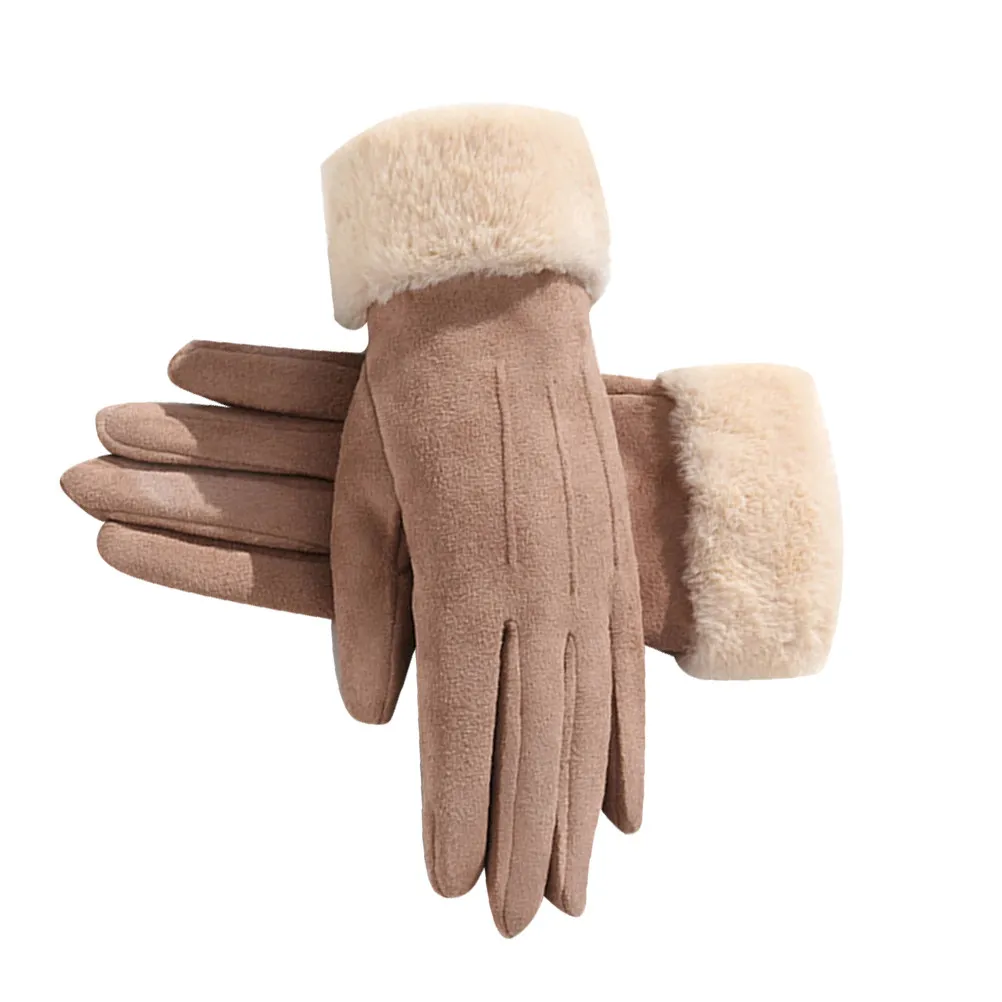 

1Pair Winter Elegant Women Gloves Khaki Suede Thicken Hand Protection Gloves Touch Screen Cold Weather Skiing Driving Riding