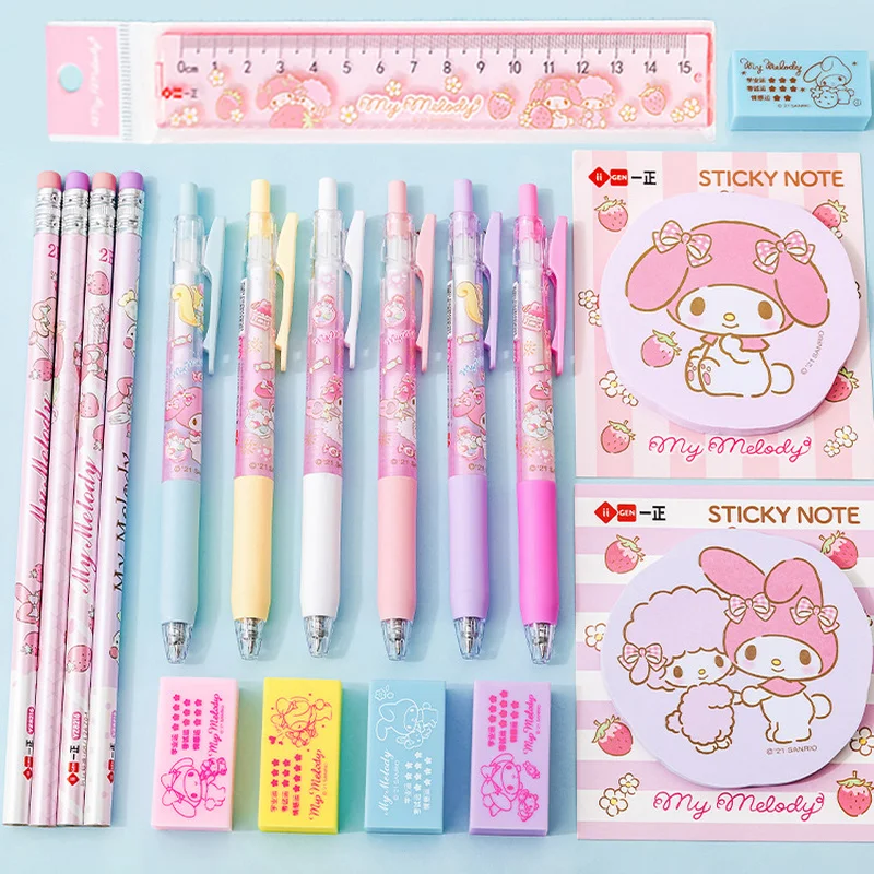 12set Sanrio Mymelody Students Stationery Set Gift Bag Roller Ball Pen Pencil Sticky Note Ruler Rubber School Supplies Wholesale