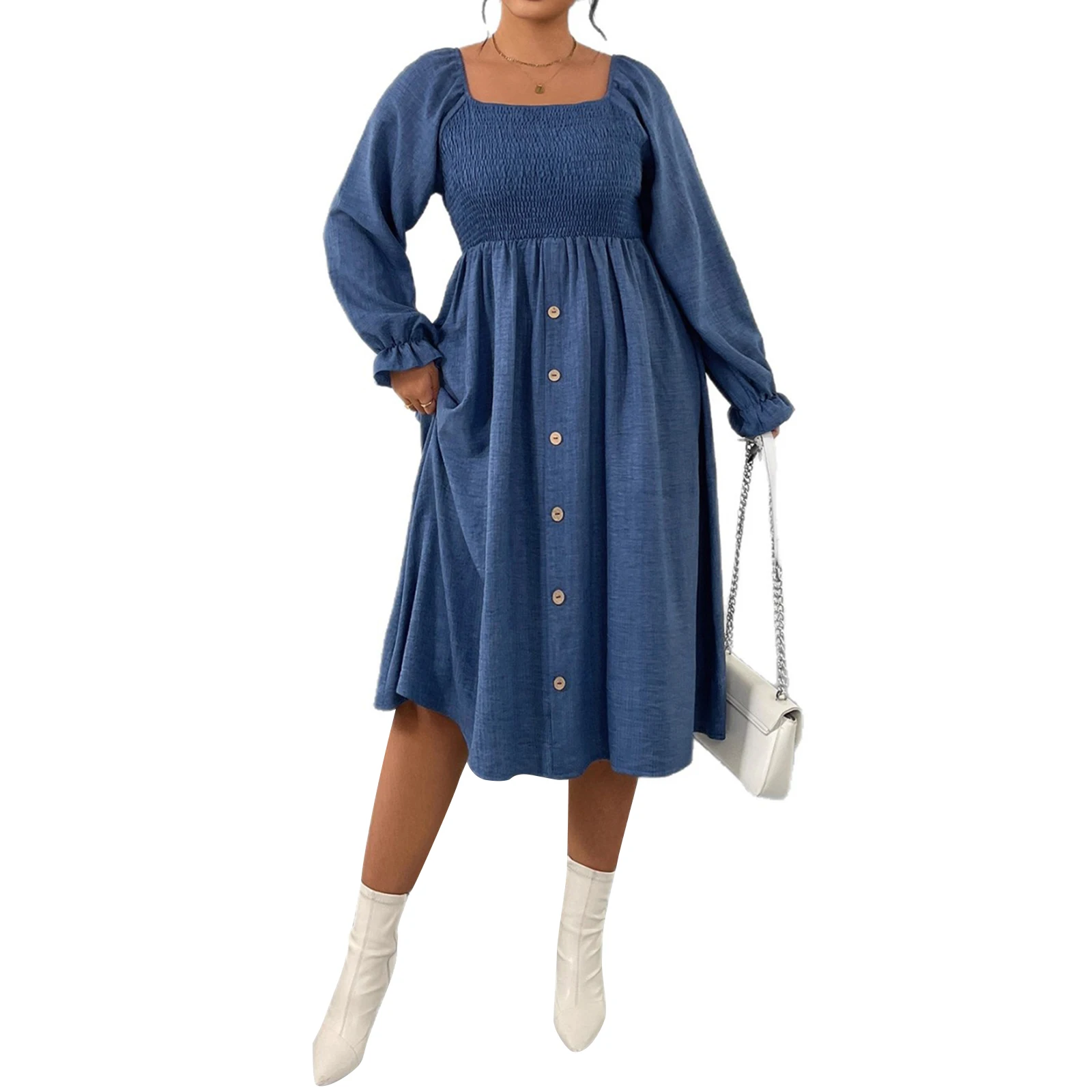 2026 أزياء المرأة الخريف حجم كبير فستان طويل الأكمام ساحة الرقبة زر حتى ألف خط فساتين متوسطة الطول للفتيات متعرج #1